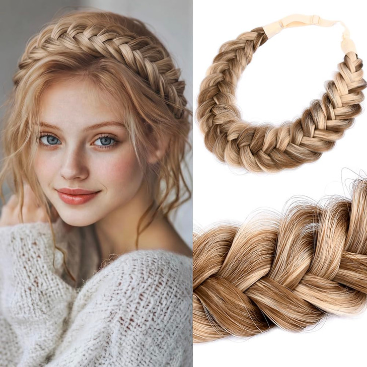 Bobiya Messy Wide 2 Strands Synthetic Hair Braided Headband Classic Chunky Hair Braid Headbands Elastic Stretch Braid Headbands Highlighted