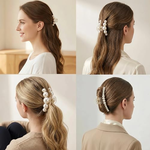 Hair Clips For Women Large High Gloss Pearl Hair Claw Clip Set Strong Hold No Slip Banana Jaw Clip Barrettes Hair Accessories Birthday