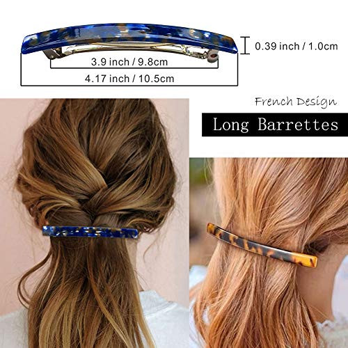 Hyfeel Long French Barrettes For Women Simple Classic Acrylic Resin Hair Clips Tortoise Shell Skinny Large 4 Inch No Slip Grip Automatic