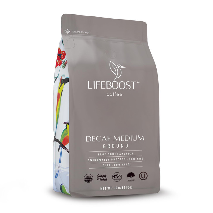 Lifeboost Decaf Ground Coffee Swiss Water Process Low Acid Organic 12Oz