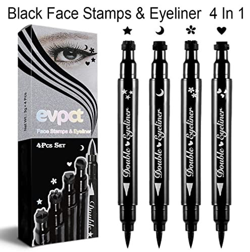 Evpct 4In1 Star Flowers Hearts Moon Face Stamps Eyeliner Makeup Set Black Colored Liquid Winged Wing Eyeliner Stamp Wingliner Waterproof