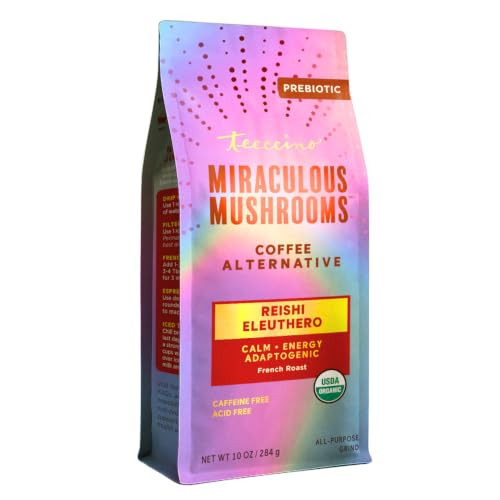 Teeccino Reishi Eleuthero Coffee Alternative French Roast Organic Adaptogenic Herbal Mushroom Coffee Dark Roast Caffeine Free Prebiotic Acid