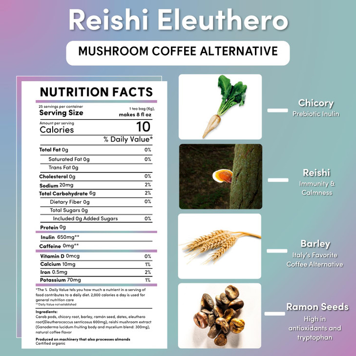Teeccino Reishi Eleuthero Coffee Alternative French Roast Organic Adaptogenic Herbal Mushroom Coffee Dark Roast Caffeine Free Prebiotic Acid