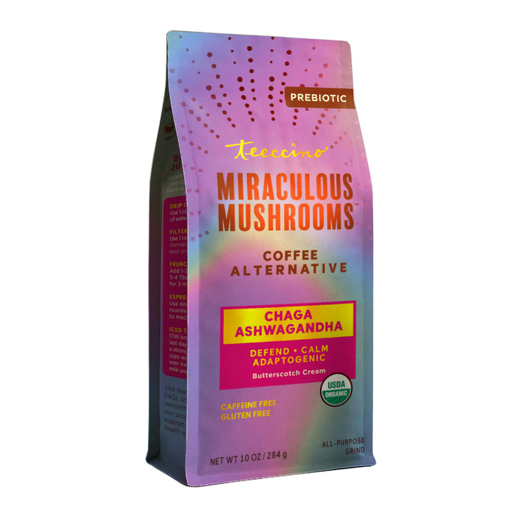 Teeccino Chaga Ashwagandha Coffee Alternative Butterscotch Cream Organic Adaptogenic Herbal Mushroom Coffee Medium Roast Caffeine Free