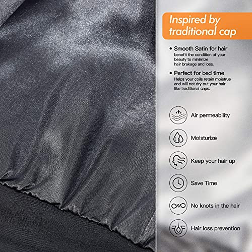 Silk Satin Lined Bonnet Sleep Cap Adjustable Stay On All Night Hair Wrap Cover Slouchy Beanie For Curly Protection Women And Men Solid Black