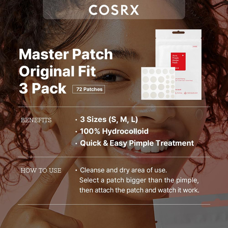COSRX Acne Pimple Patch Absorbing Hydrocolloid Original 3 Size Patches for Blemishes and Zits Cover, Spot Stickers for Face and Body, Not Tested on A