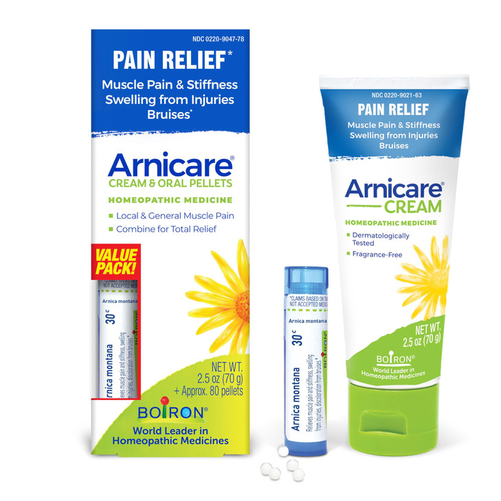 Boiron Arnicare Cream and Arnica 30c Value Pack for Pain Relief, Muscle Soreness, and Swelling from Buising or Injury - 2.5 oz + 80 Pellet Tube