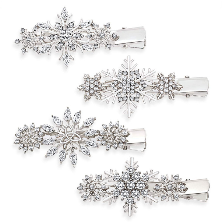 4Pcs Christmas Snowflake Hair Clips For Women Holiday Rhinestone Crystal Snowflake Hairpins Xmas Festive Costume Hair Accessory Gifts Silver