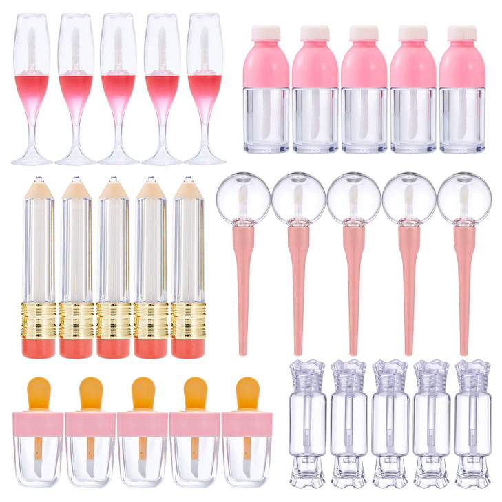 Vankcp 30 Pcs Cute Empty Lip Gloss Tubes 6 Styles Lip Glaze Tubes Novelty Red Wine Empty Lips Refillable Lips Balm Containers For Women