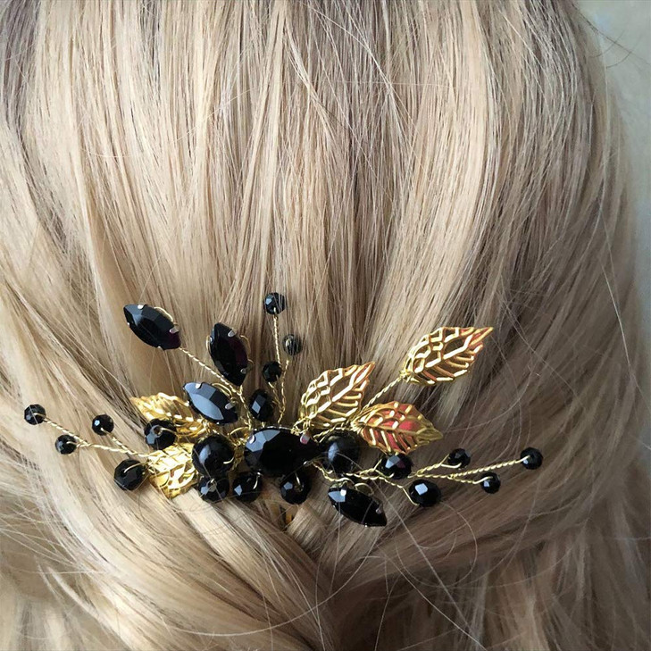 Yertter Wedding Black Crystal Leaf Bridal Hair Comb Clip Leaves Wedding Hair Accessories For Bride Bridesmaid Flower Girls Black And Gold
