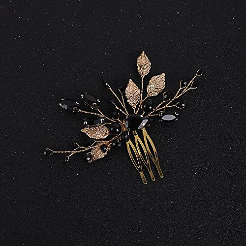 Yertter Wedding Black Crystal Leaf Bridal Hair Comb Clip Leaves Wedding Hair Accessories For Bride Bridesmaid Flower Girls Black And Gold