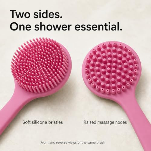 Silicone Back Scrubber For Shower 15 Inch Long Handle Body Brush With Soft Bristles And Massage Nodes Dual Sided Shower Scrubber For Back