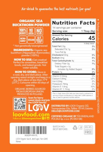 Loov Organic Sea Buckthorn Berry Powder High In Fiber Omegas Vitamin C Vitamin E Made From Whole Berries 4 Oz Grown In Nordic Climate 23 Day