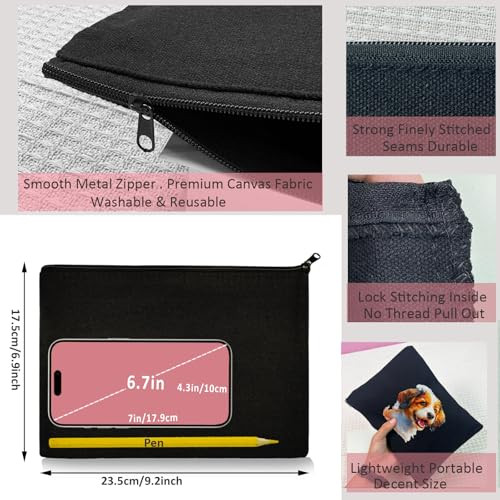 Koolmox 20 Pieces Bulk 9X7 Large Black Canvas Makeup Bags Diy Canvas Pouch Cosmetic Pouches With Zipper For Gifts Craft Sublimation Heat