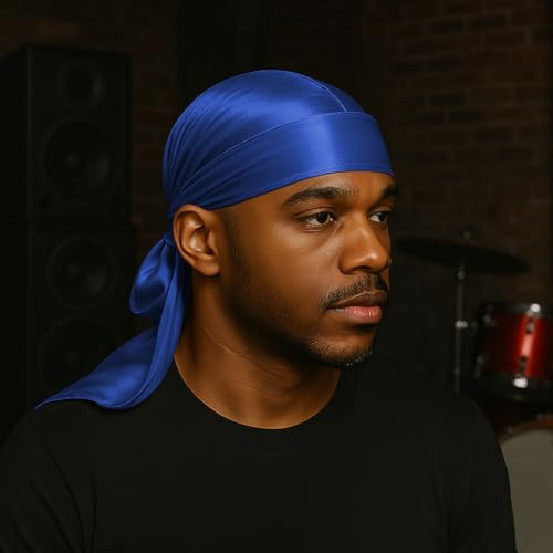 3Pcs Silky Durags With Double Sided Brush For Men Wave Satin Doo Rags For 360 540 720 Waves Award 1 Wave Cap Blue Plus White Plus Black