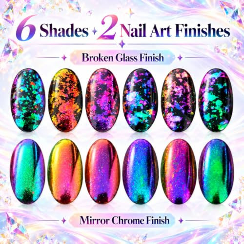 Kuka Chameleon Nail Flakes Iridescent Chrome Nail Powder 6 Jars Mixed