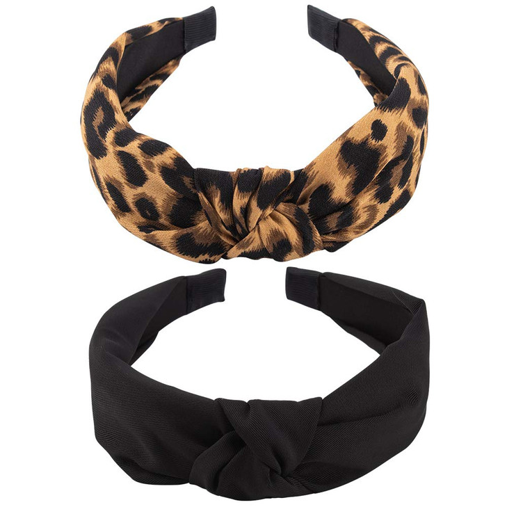 Kicosy 2Pcs Headbands For Women Leopard Headband Knotted Headband For Girls Fashion Wide Headband Non Slip Hairband Elastic Hair Accessories