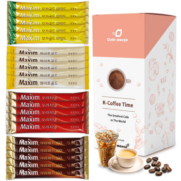 Korean Instant Coffee Mix Variety 20 Sticks 4 Types Maxim Instant Single Serve Mocha White Arabica Original Flavors 5 Sticks Each