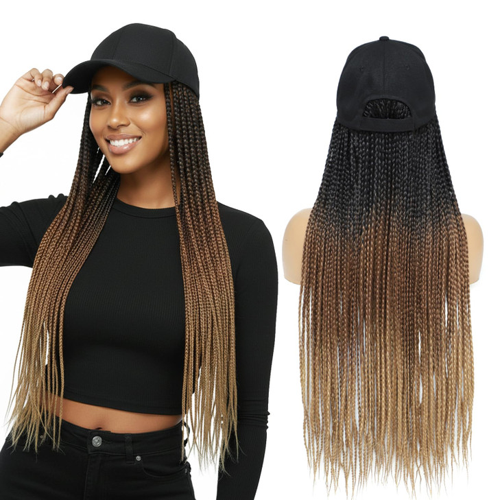 Yunkang Hat Wig For Women Baseball Cap With Braided Hair Attached 24Inch Long Synthetic Ombre Box Braid Wig Hat Adjustable Cap With Black