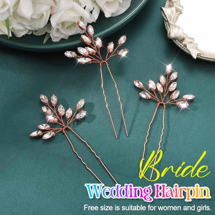 Heread Crystal Bride Wedding Hair Pins Rhinstones Bridal Hair Accessories Head Piece for Women and Girls (Pack of 3) (B Rose Gold)