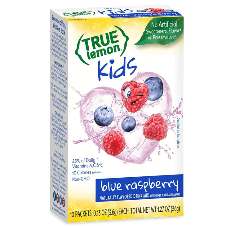 True Lemon Kids Blue Raspberry Hydration For Kids No Preservatives No Artificial Flavors No Artificial Sweeteners Low Sugar Water Flavoring