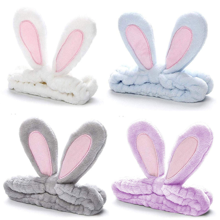 Whaline 4 Pack Easter Bunny Makeup Headband Rabbit Ear Spa Hair Band Coral Fleece Elastic Head Wrap Stretchy Headband For Party Face Washing