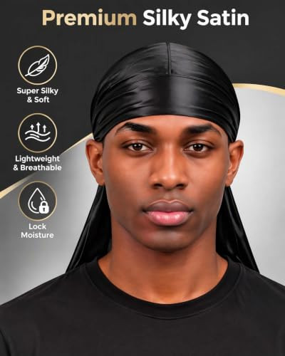 Black Durags For Men Silky Satin Durag For Waves Do Rag Cap Silk Du Rags