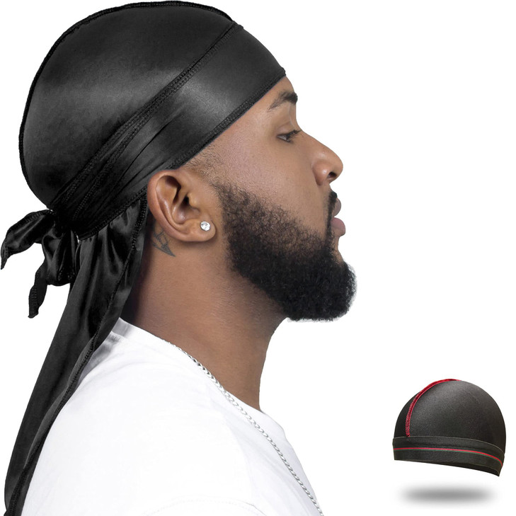 Forcewave Silky Durag For Men Wave Cap Satin Dorag For 360 Wave Black