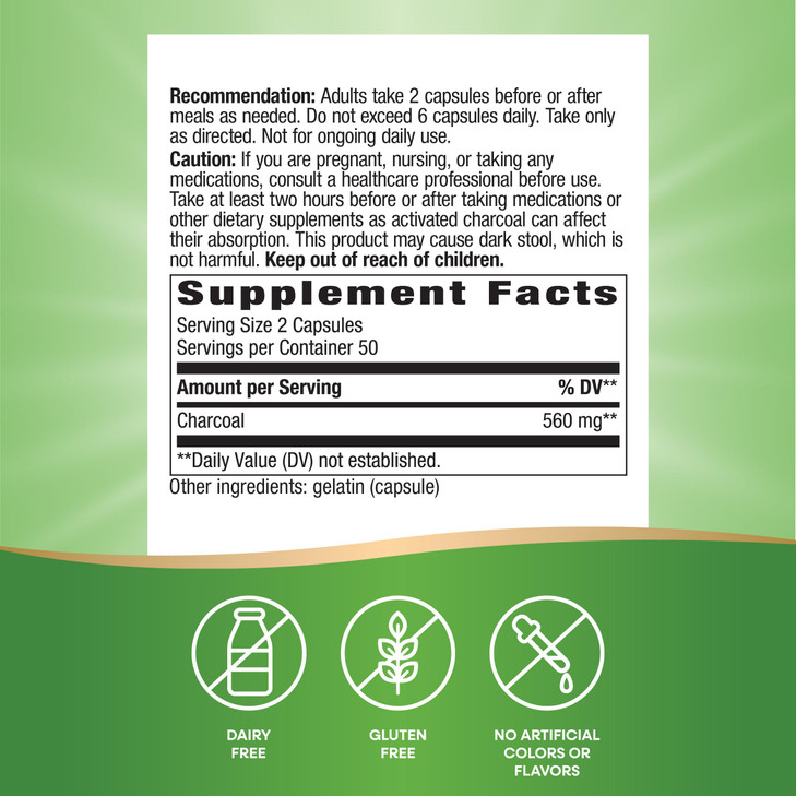 Nature's Way Activated Charcoal, Binds Unwanted Materials and Gas in the Digestive Tract*, 560 mg per 2-Capsule Serving, 100 Capsules (Packaging May