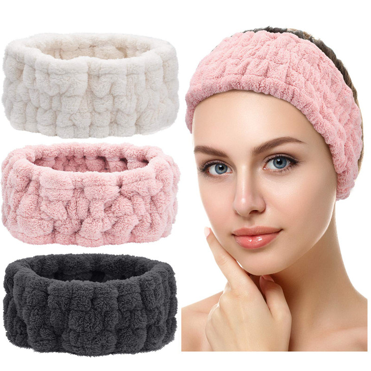 Chuangdi 3 Pcs Facial Makeup Headband Pink Milky White Dark Grey
