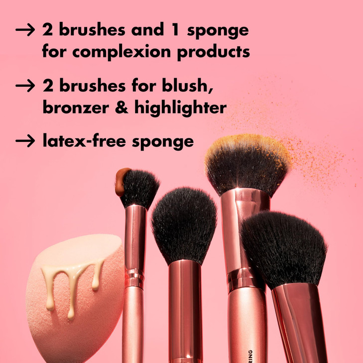 E.L.F. Complexion Essentials Brush And Sponge Set Concealer Powder Blush And Highlighter Brushes And Total Face Sponge Vegan And Cruelty