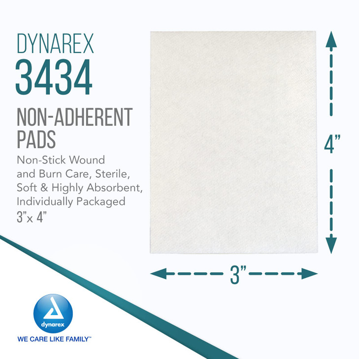 Dynarex Non-Adherent Pads-Sterile, Individually Packaged, Non-Stick Wound and Burn Care, Soft & Highly Absorbent, 3 x 4, 1 Box of 100 Non-Adherent