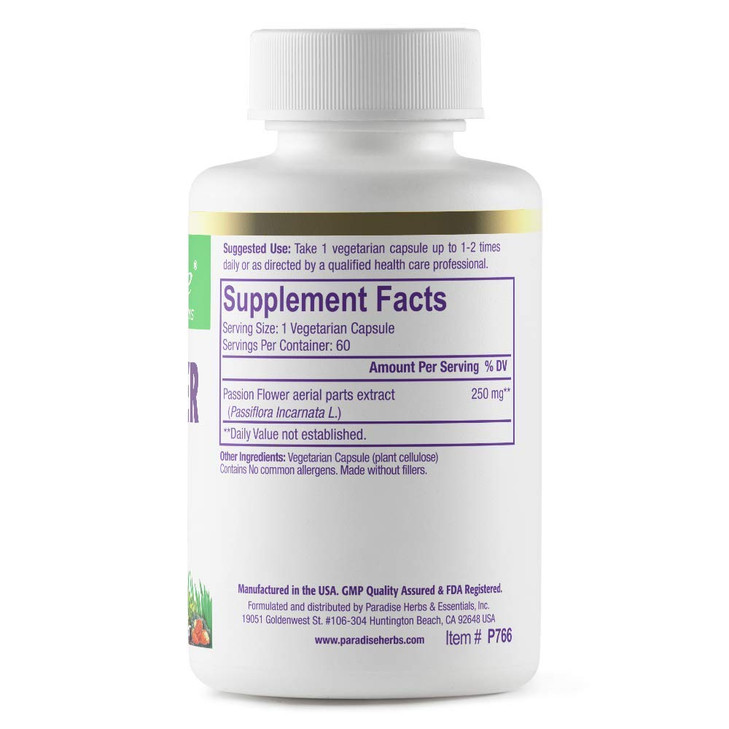 Paradise Herbs Passion Flower, Supplement for Relaxation, Super Potent, Ultra Pure, Vegan, Non GMO, Gluten Free, 60 Count Vegetarian Capsules