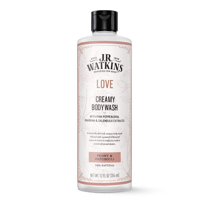 J.R. Watkins Love Creamy Moisturizing Body Wash Cleanses And Stimulates Senses Peony And Patchouli 12 Oz