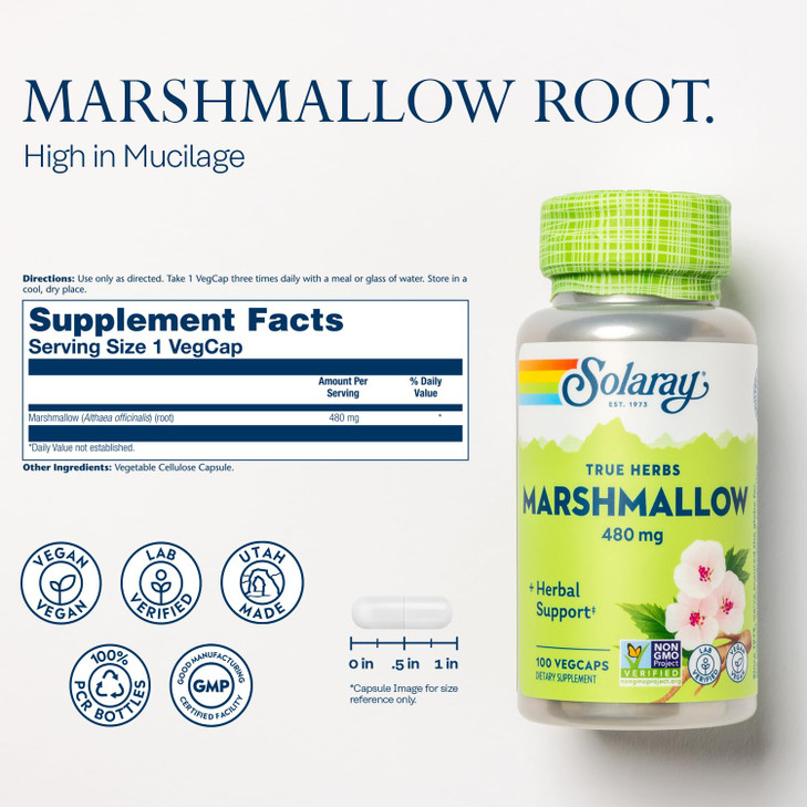 SOLARAY Marshmallow Root Capsules 480 mg - Soothing Herbal Support w/Whole Marshmallow Root - High in Mucilage Soluble Fiber, Vegan, Non-GMO, Lab Ver