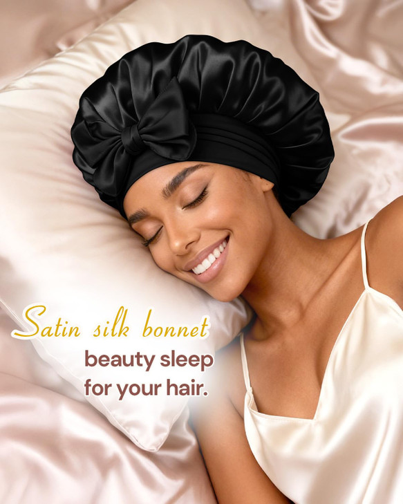 Bonnet Queen Very Soft Satin Lined Bonnet Anti Frizzy Silk Like Bonnet For Sleeping For Curly Hair With Tie Band Black