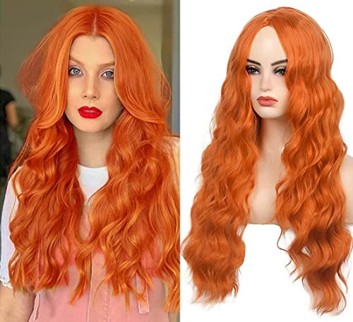 Beweig Long Curly Wavy Orange Wig Middle Part Synthetic Hair Replacement Wig For Cosplay Daily Use