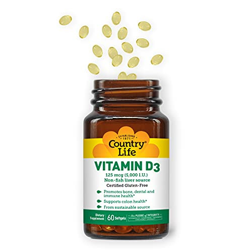 Country Life, Vitamin D3 5000 IU, Supports Healthy Bones, Teeth and Immune System, Daily Supplement, 60 ct