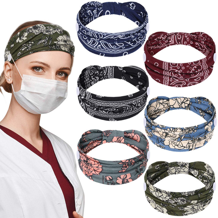 Willbond 6 Pieces Nursing Headbands With Buttons For Nurses Doctor Women Boho Bandana Headbands Wide Stretch Head Wraps Elastic Hair Bands