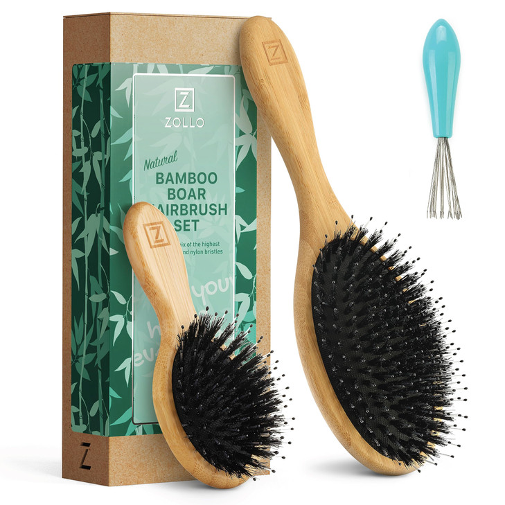 Natural Boar Bristle Hair Brush And Mini Hair Brush Set For Women Men Kids Dry And Wet Detangling Hair Brush Gently Enhances Shine Great For