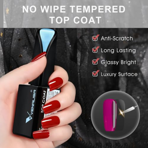 Venalisa 2 Pcs 15Ml Gel Nail Ploish Base And Top Coat Set No Wipe Gel Top Coat High Gloss Long Lasting Tempered Coat Polish Kit