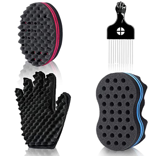 Magic Twist Hair Sponges Set Big Holes Sponge Brush For Hair Curling Sponge Glove For Men Women Curls With Metal Afro Pick 6.7 Inch