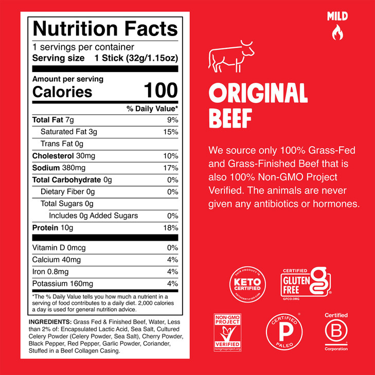 Chomps Original Beef Grass Fed And Finished 8Ct Protein Snack Stick