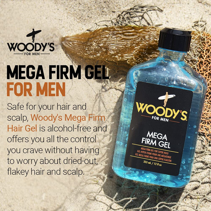 Woody's Mega Firm Hair Gel for Men, Strong Hold, Alcohol-Free, No Flakes, Men's Hair Gel for Strong Hold Styling, Mens Styling Gel - 12 fl oz
