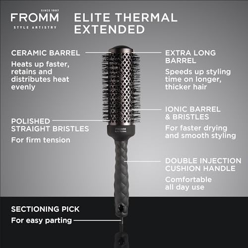 Fromm Elite Thermal Ceramic X Ionic 1.75 Round Brush For Expert Blowouts And Faster Hair Drying Extended Barrel For Styling Smoothing