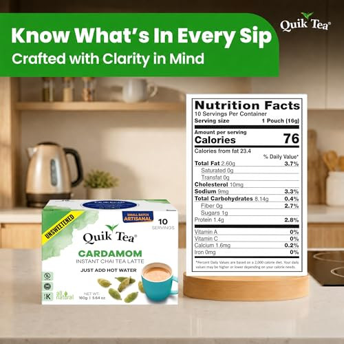 Quiktea Instant Chai Tea Latte Mix Cardamom Unsweetened 10 Sachets