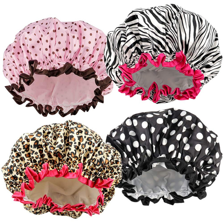 4 Pcs Shower Cap For Women Double Waterproof Layers Reusable Elastic