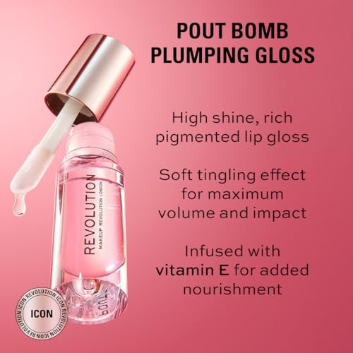 Revolution Pout Bomb Plumping Lip Gloss High Shine Rich Glossy Pigment Infused With Vitamin E Peachy Coral 0.15 Fl Oz