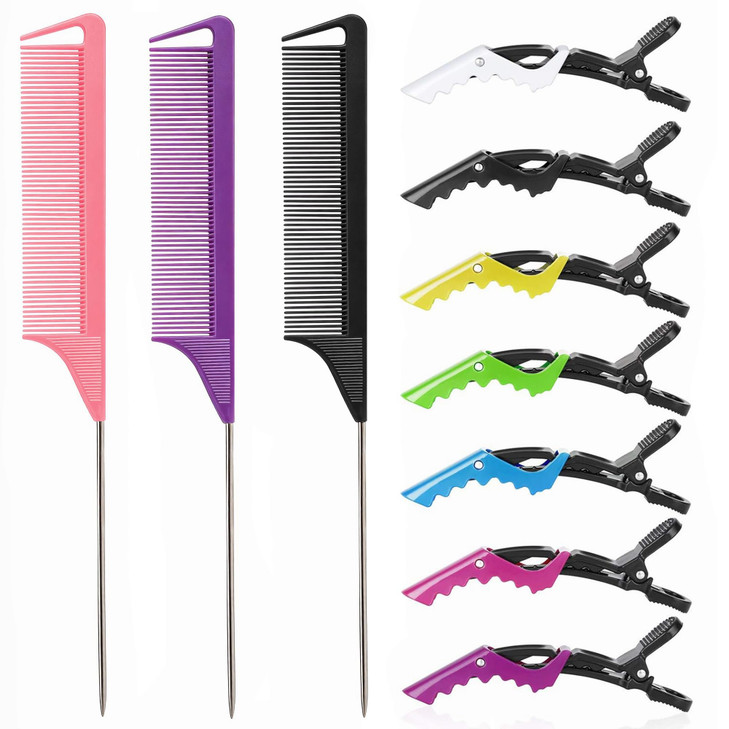 Rat Tail And Parting Combs With Styling Clips 3 Metal Teasing Combs For Braids 7 Professional Sectioning Hair Clips
