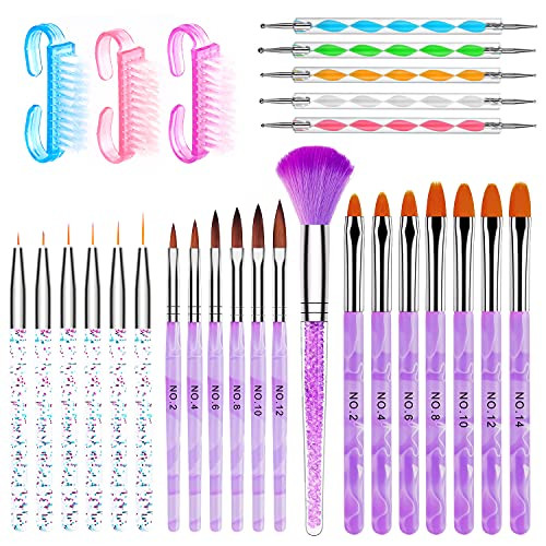 Aroic 28 Pcs Acrylic Nail Brush Set Including 7 Pcs Uv Gel Nail Art Brushes 6 Pcs 3D Nail Extension Brush 5Pcs Double Ended Dotting Nail Pen